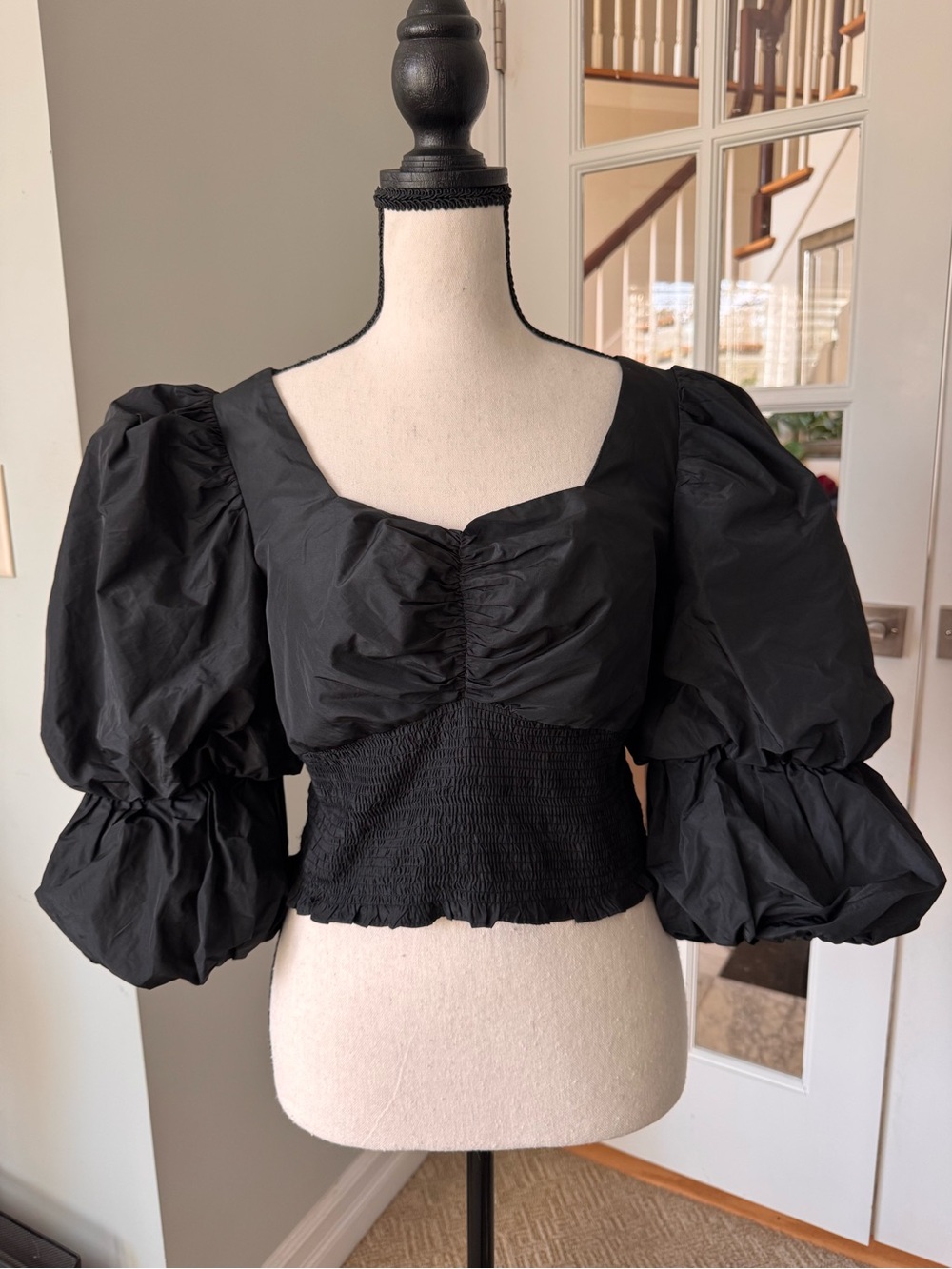 Dramatic Black Taffeta Puff Sleeve Smocked Crop Top 8 Voluminous Statement Piece